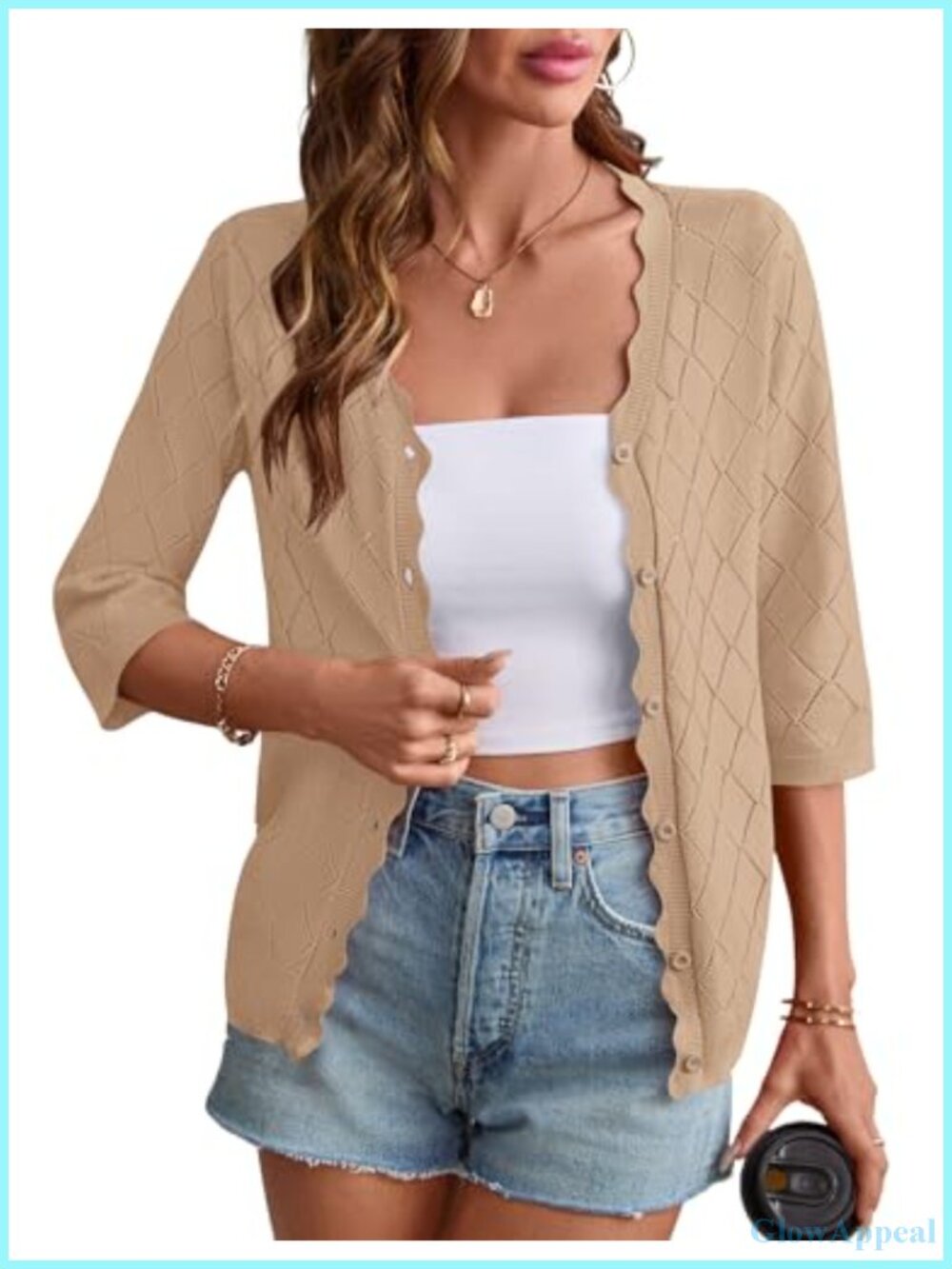Women Lightweight Crochet 3/4 Sleeve Cardigan V-Neck Button Down Shrug